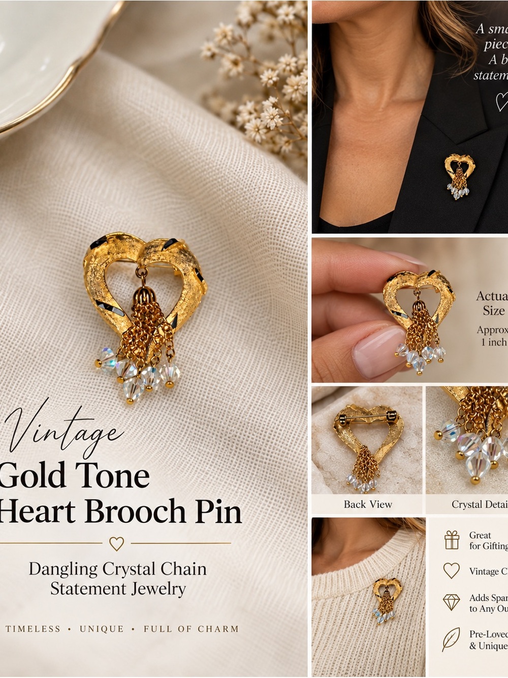 Vintage Gold Tone Heart Brooch Pin Dangling Crystal Chain Statement Jewelry